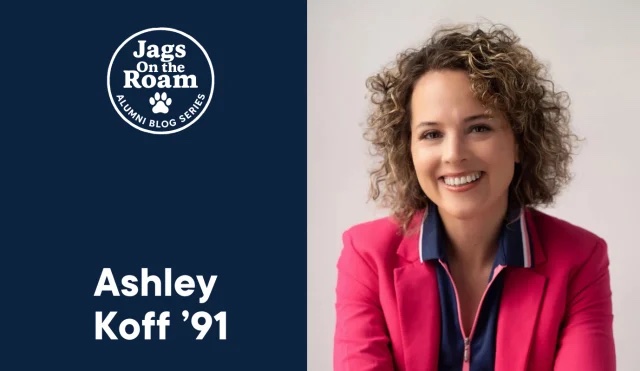 A graphic that says Ashley Koff and includes a photograph of a smiling woman with curly hair wearing a pink blazer poses in front a beige background for a professional headshot