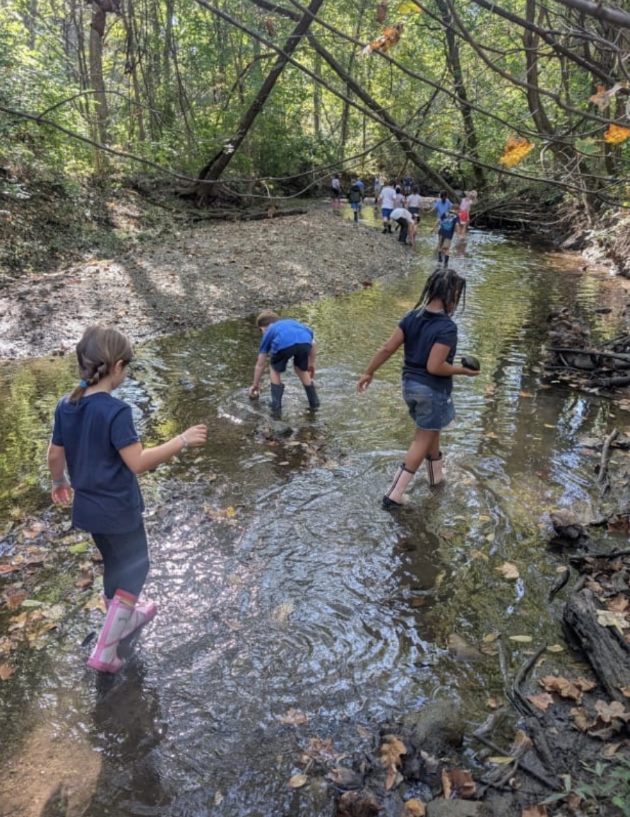 A group of young children play in a creek bed