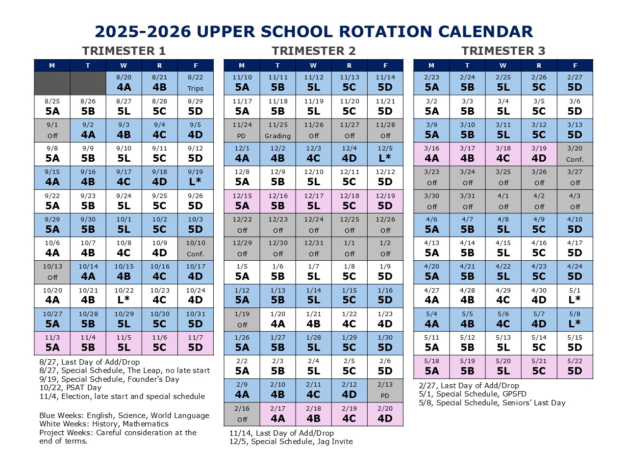 2025 - 2026 Upper School Rotation Calendar