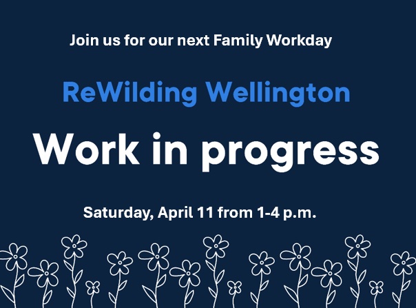 Text graphic on a navy background that promotes an event called ReWilding Wellington on April 11 from 1-4 p.m.